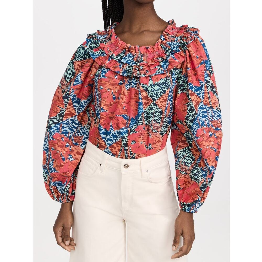 Ulla Johnson Olga Top in Flamingo Floral Print Ruffled Oversized Poplin Blouse